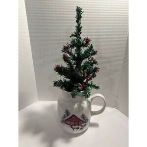 Charlie Brown Christmas Tree in Decorative Glass White Pitcher w/ Deer Scene